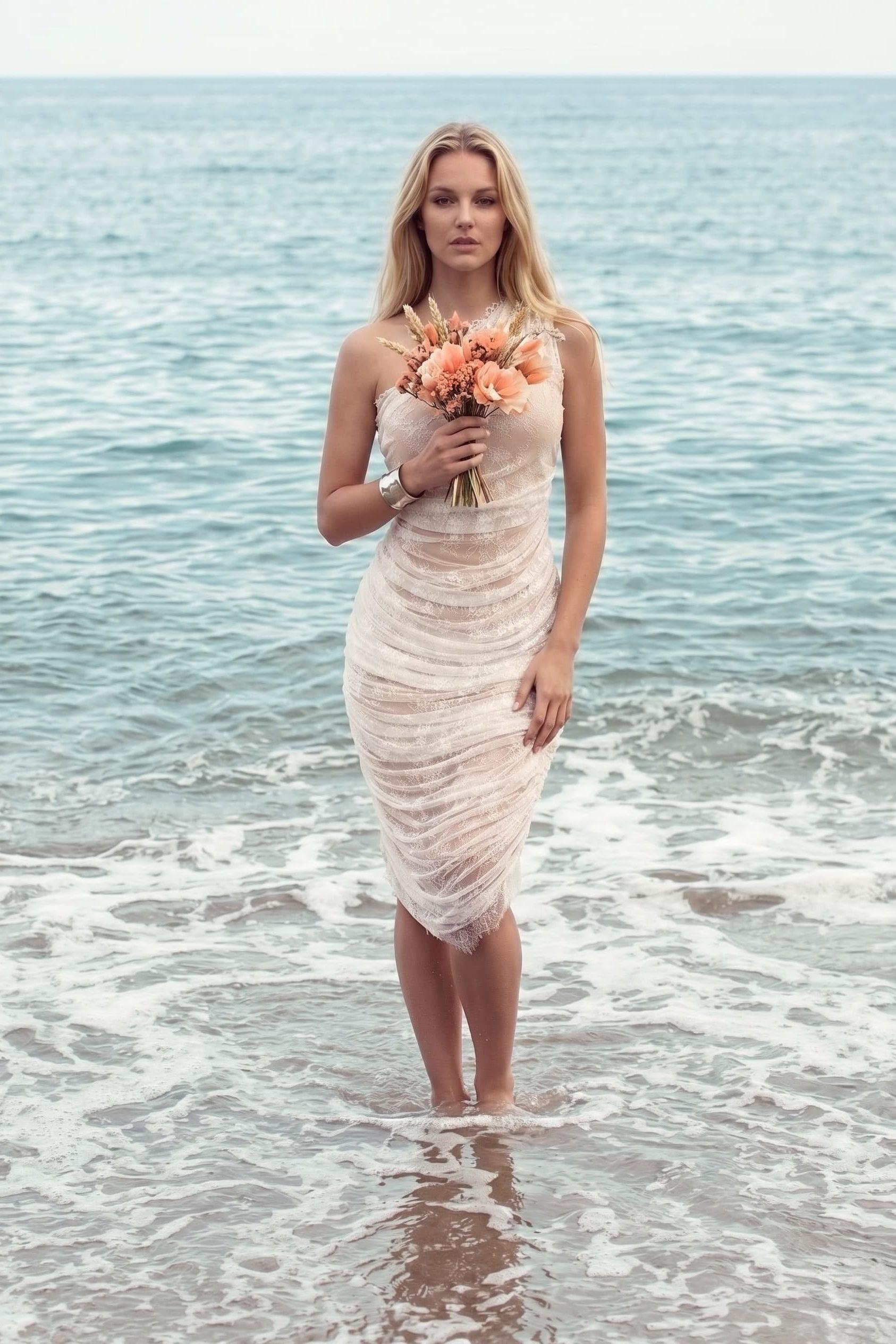 Sheath-Column Tea Length Lace Wedding Dress CW3432