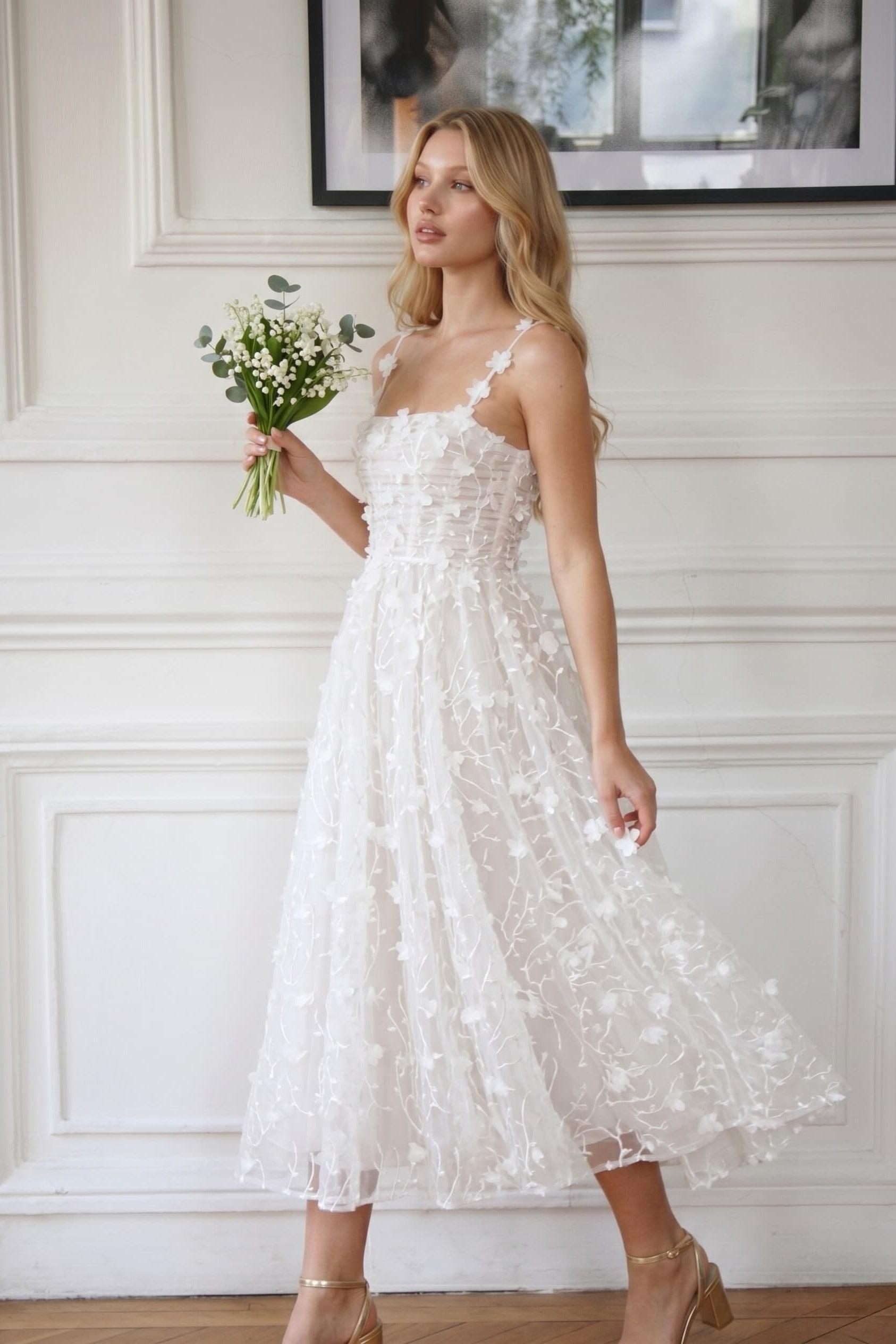 A-Line Tea Length Lace Wedding Dress CW3434
