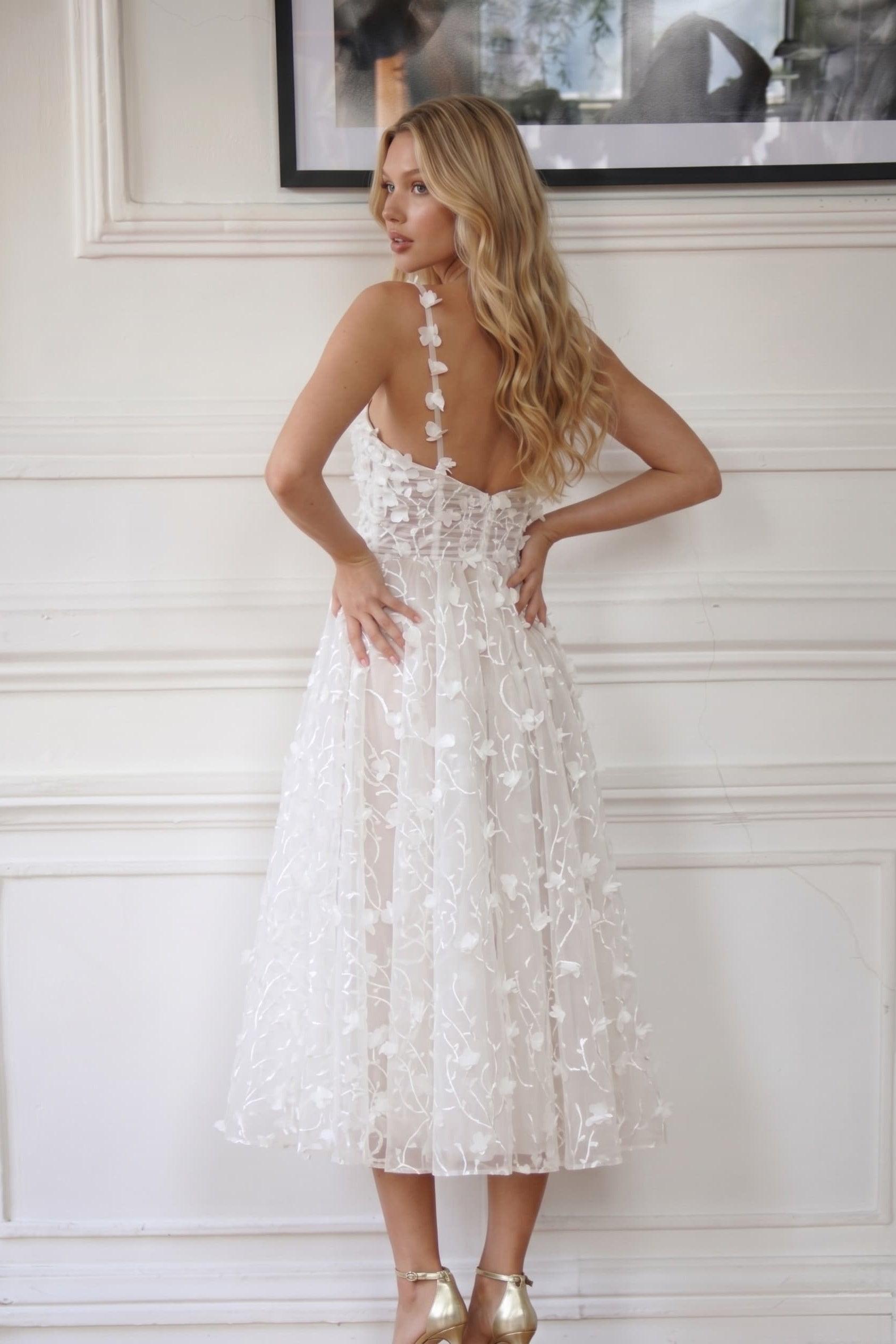 A-Line Tea Length Lace Wedding Dress CW3434