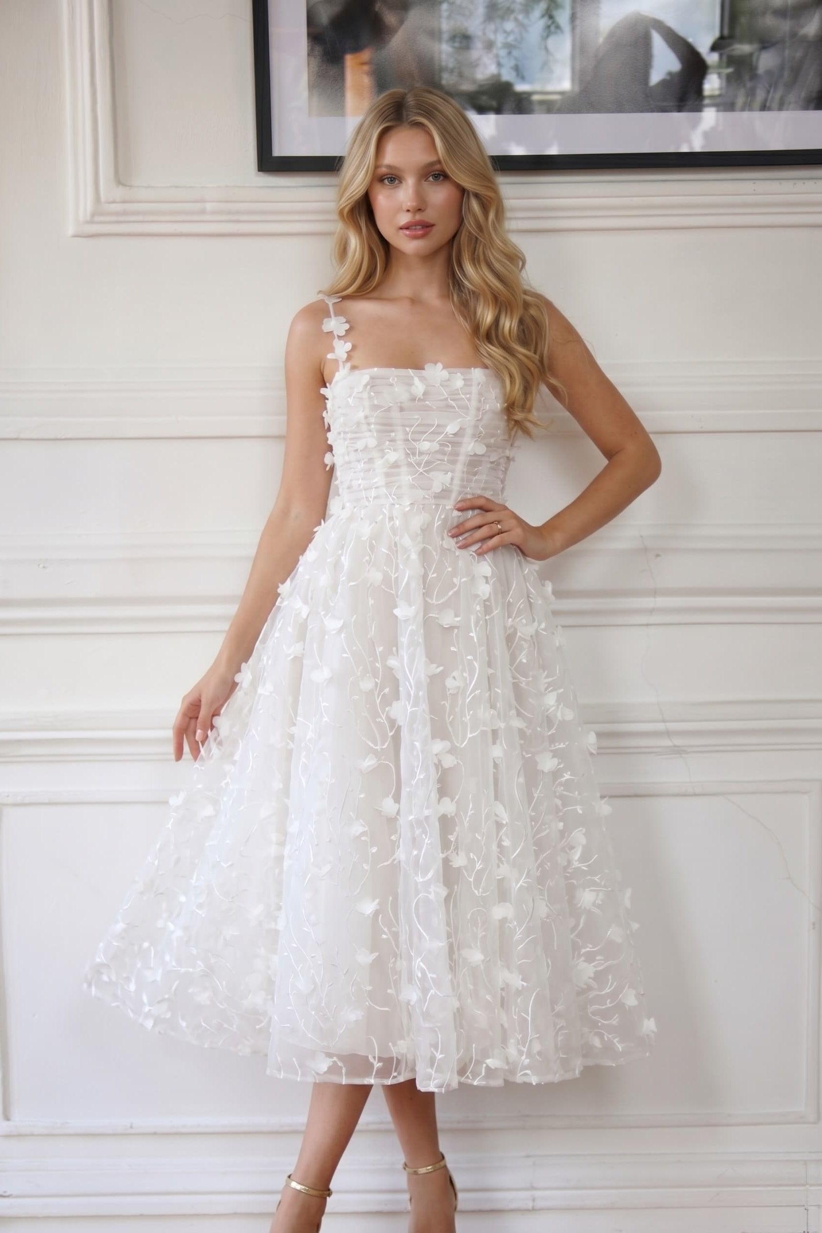 A-Line Tea Length Lace Wedding Dress CW3434