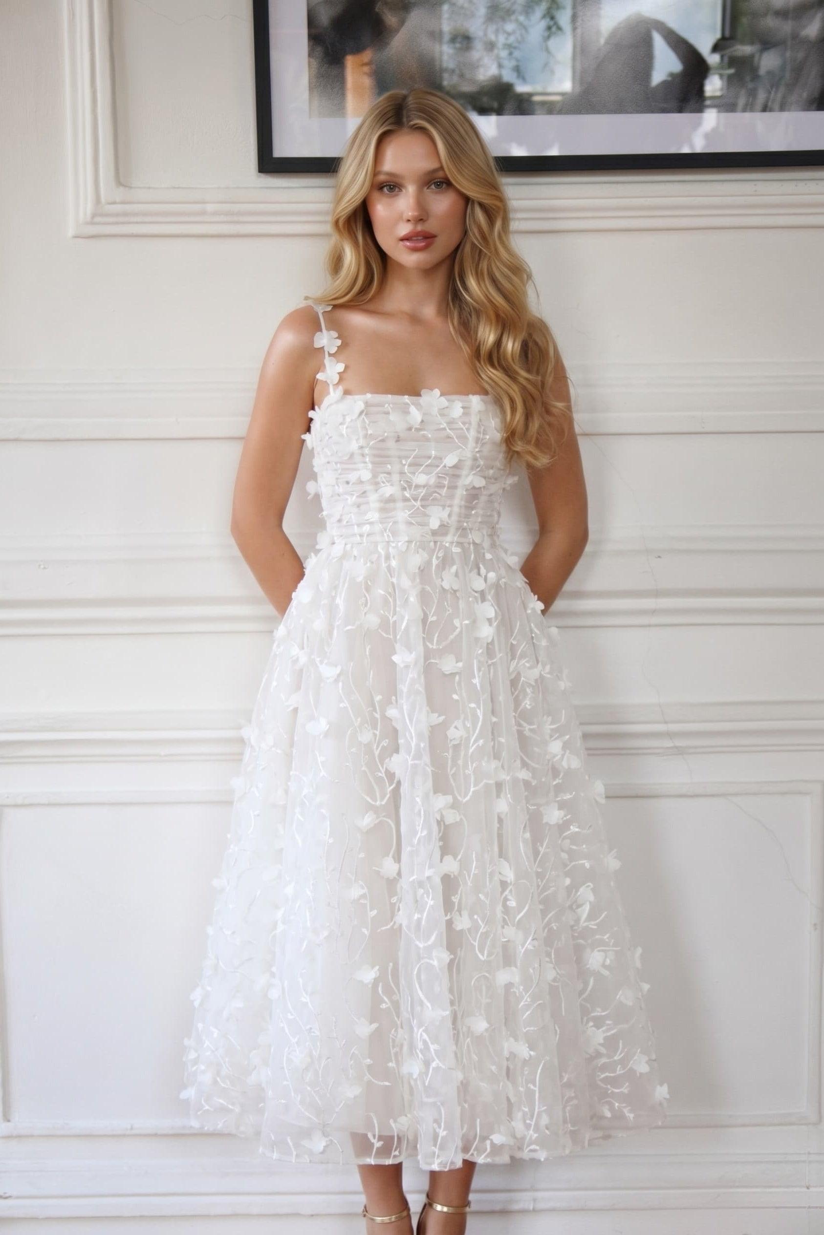 A-Line Tea Length Lace Wedding Dress CW3434