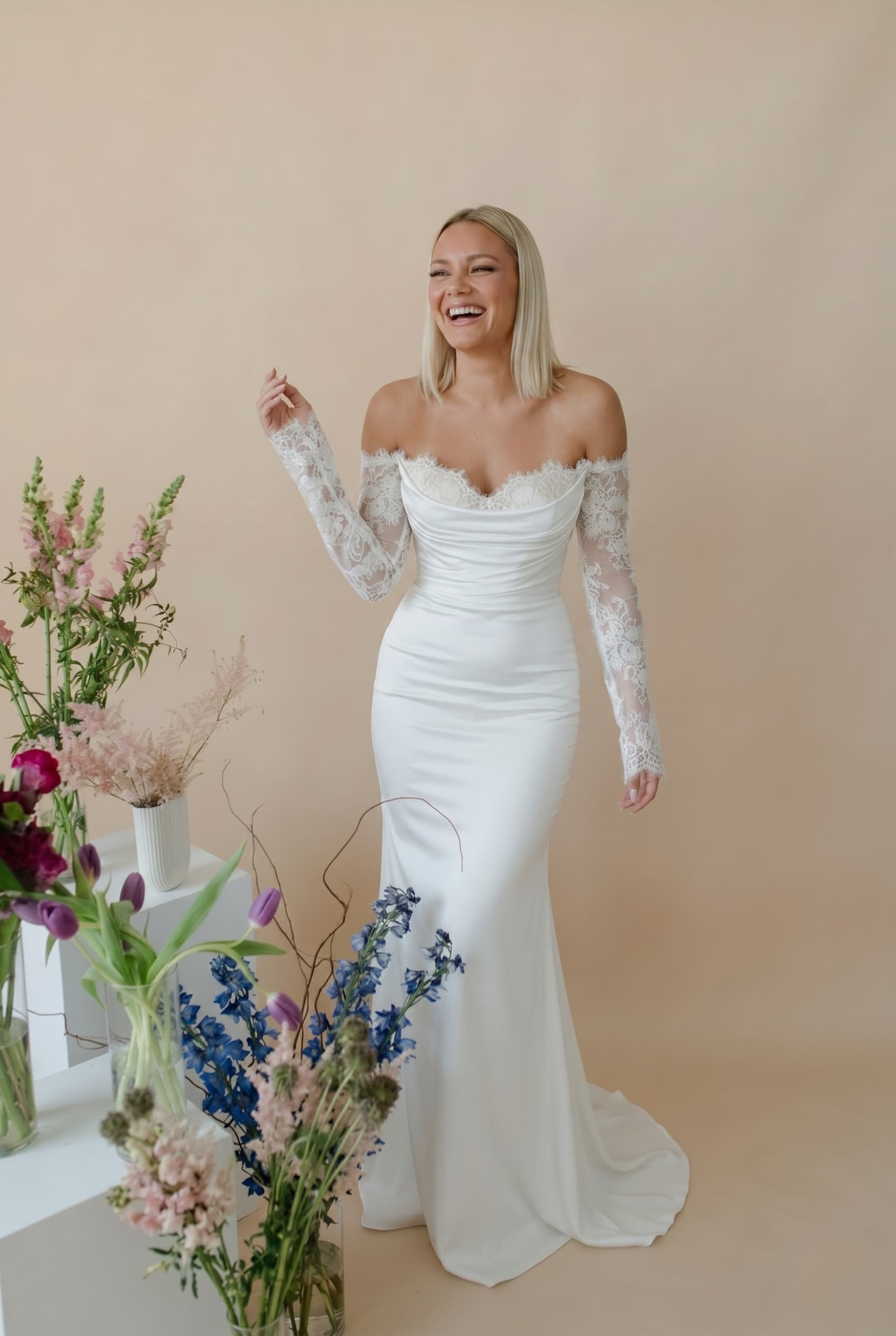 Mermaid Sweep-Brush Train Lace Satin Wedding Dress CW3446