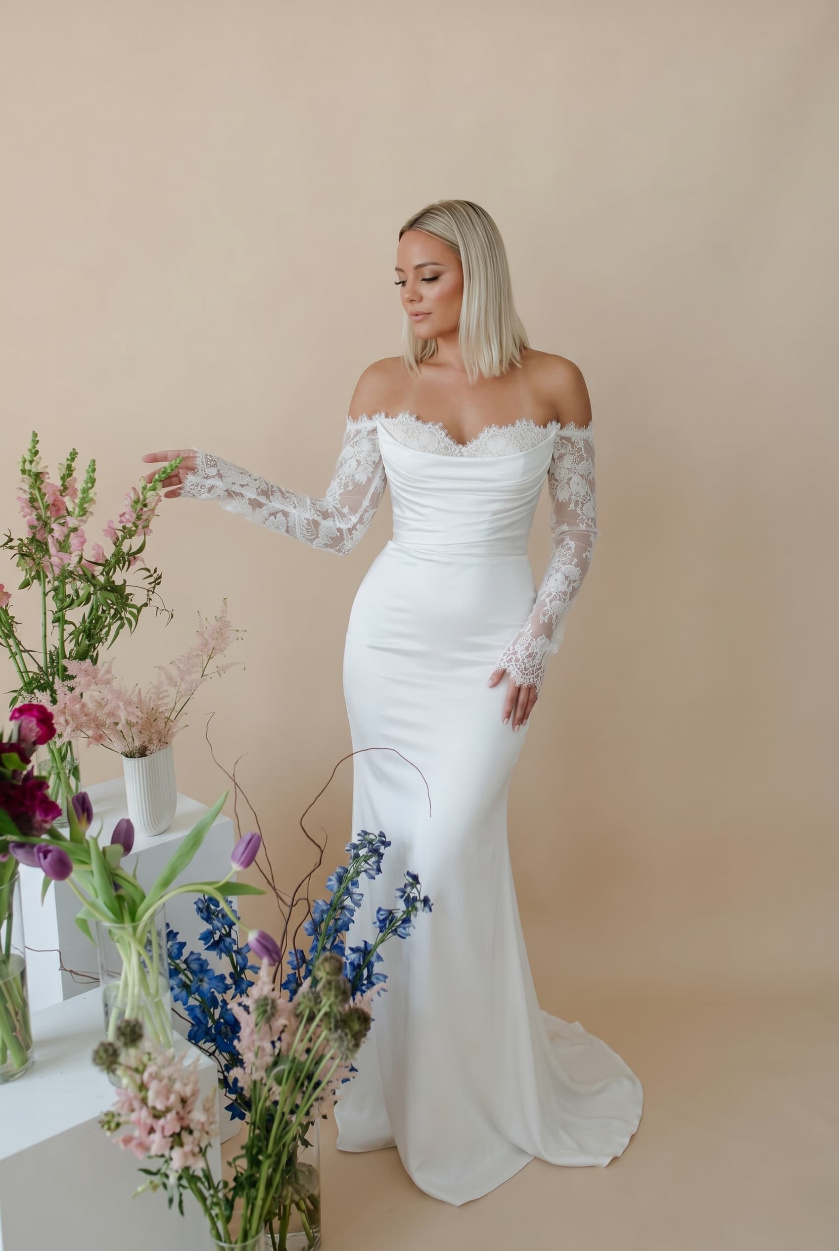 Mermaid Sweep-Brush Train Lace Satin Wedding Dress CW3446