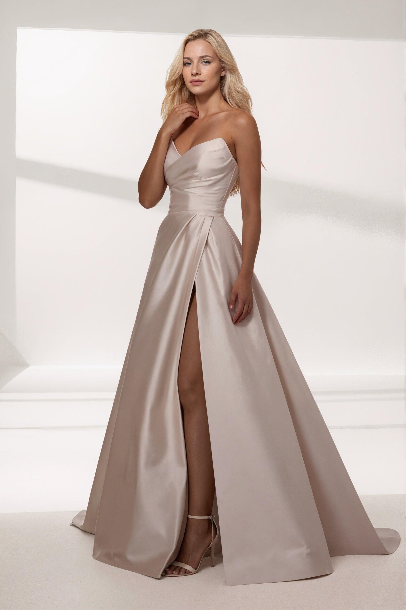 A-Line Sweep-Brush Train Satin Wedding Dress CW3464
