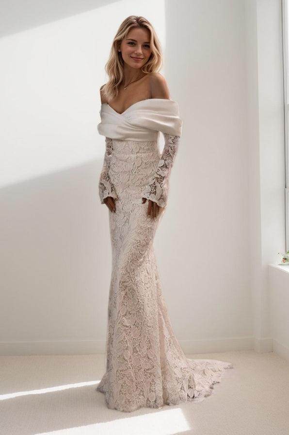 A-Line Sweep-Brush Train Lace Satin Wedding Dress CW3468