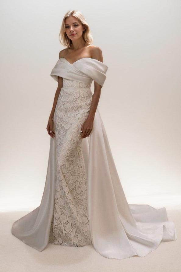 A-Line Sweep-Brush Train Lace Satin Wedding Dress CW3468