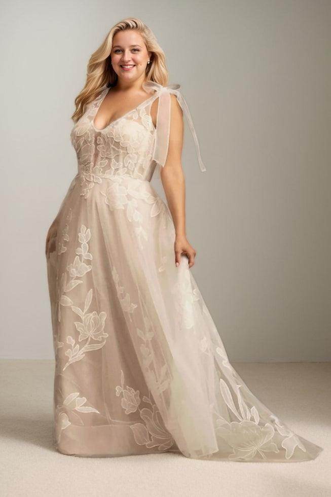 A-Line Sweep-Brush Train Lace Tulle Wedding Dress CW3472