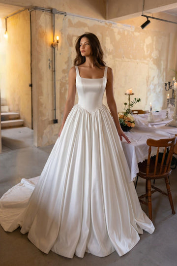 A-Line Court Train Satin Wedding Dress CW3503