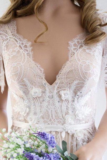 A-Line Sweep-Brush Train Lace Wedding Dress CW3511