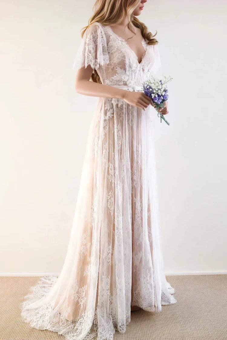 A-Line Sweep-Brush Train Lace Wedding Dress CW3511
