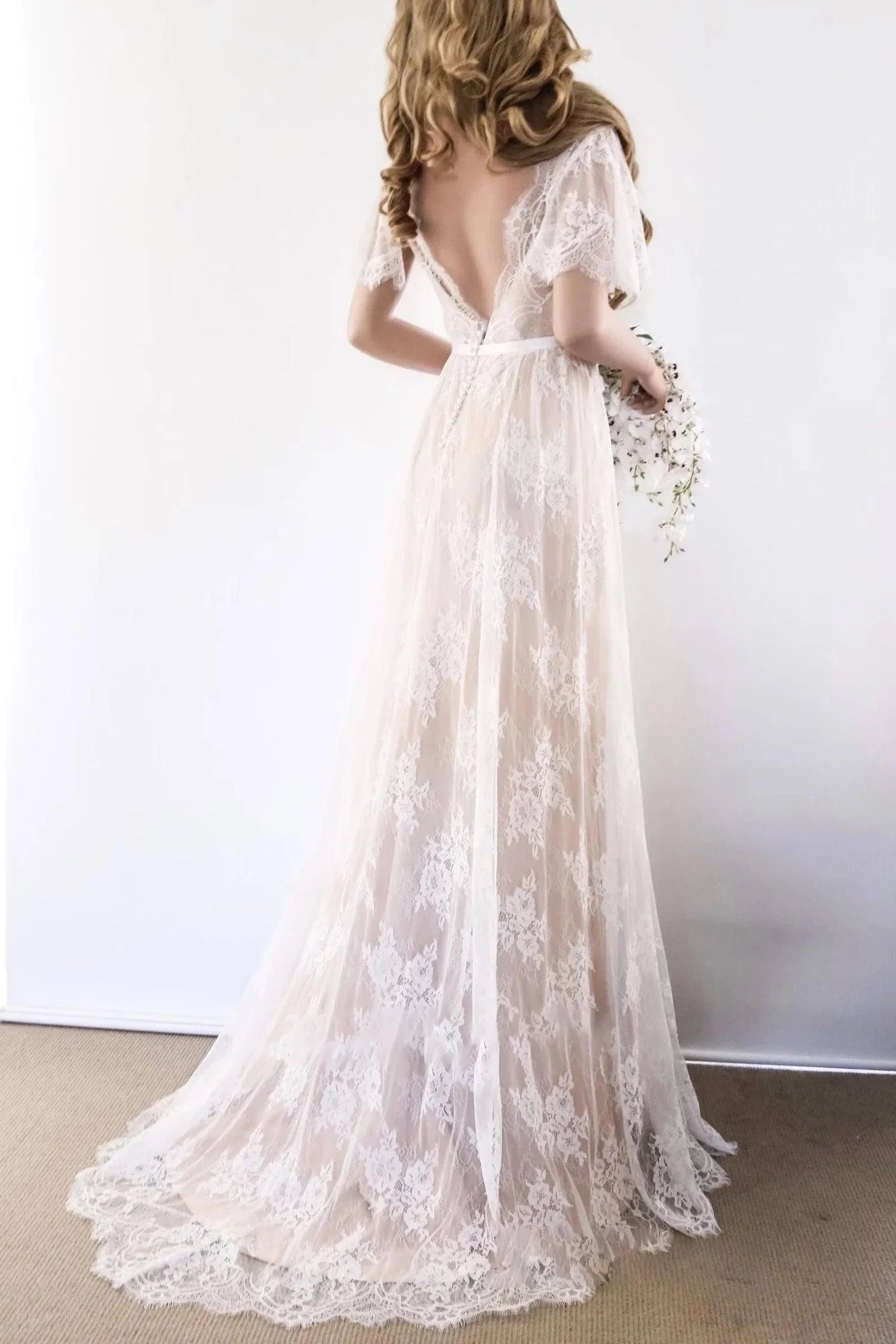 A-Line Sweep-Brush Train Lace Wedding Dress CW3511