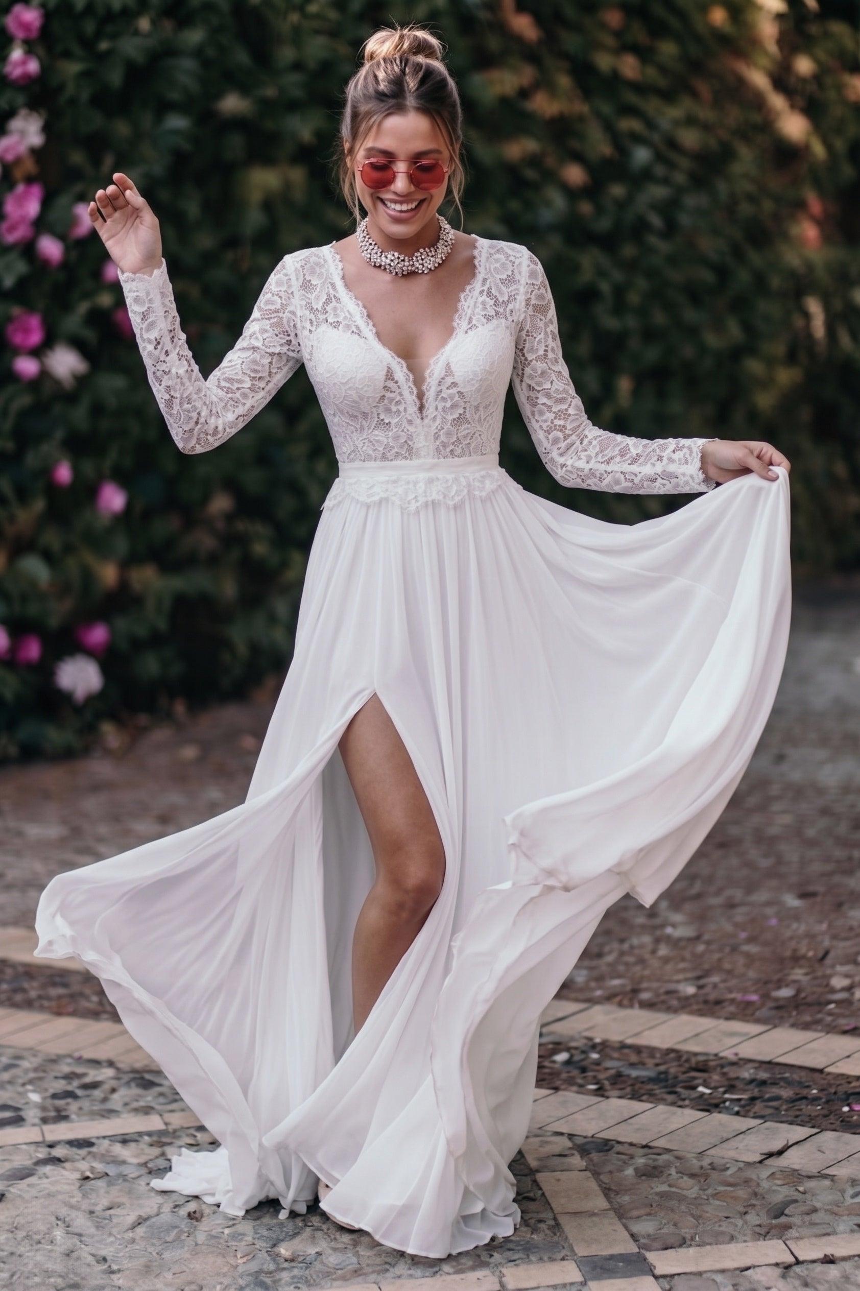 A-Line Court Train Lace Chiffon Wedding Dress CW3519
