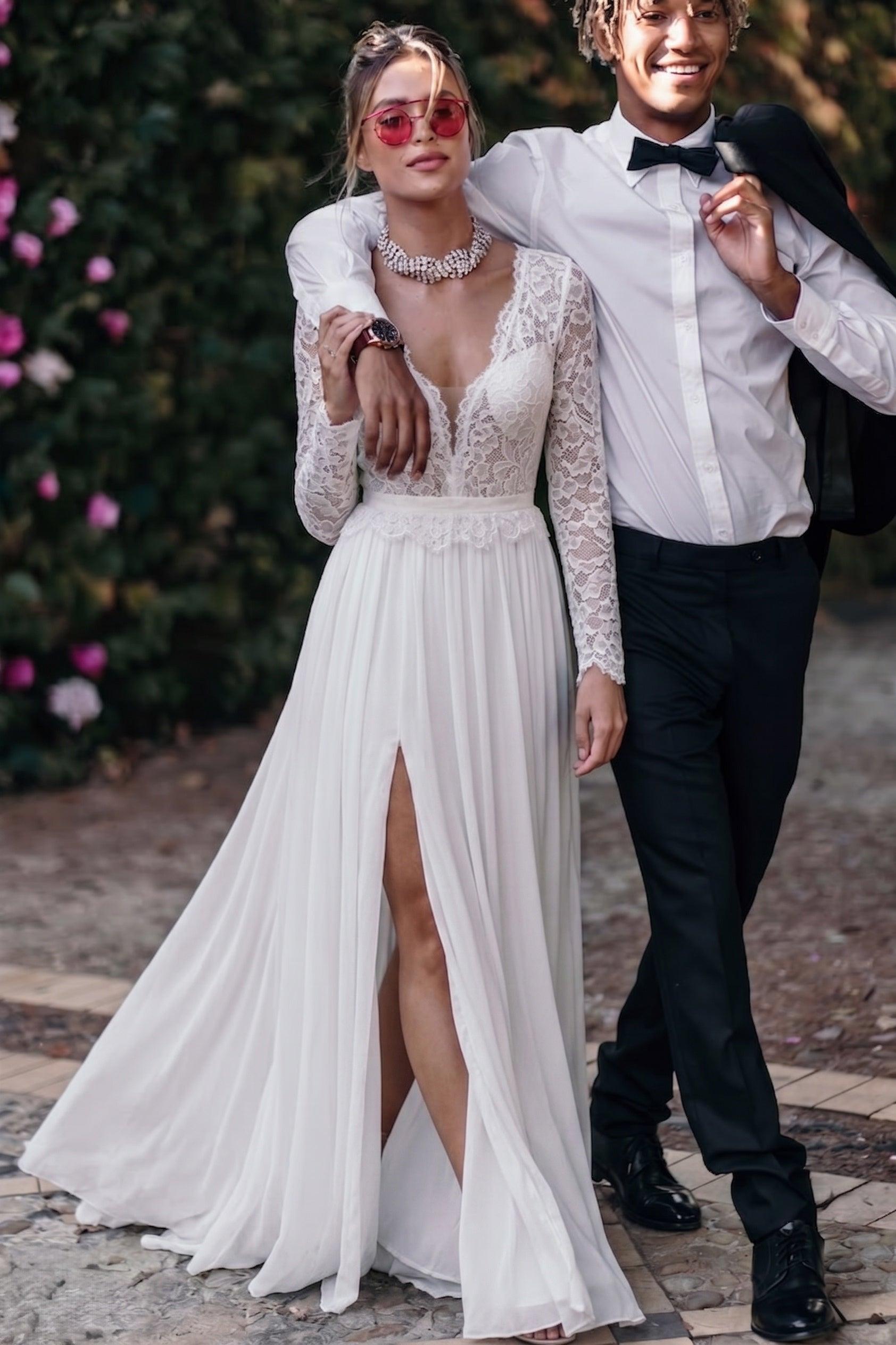 A-Line Court Train Lace Chiffon Wedding Dress CW3519