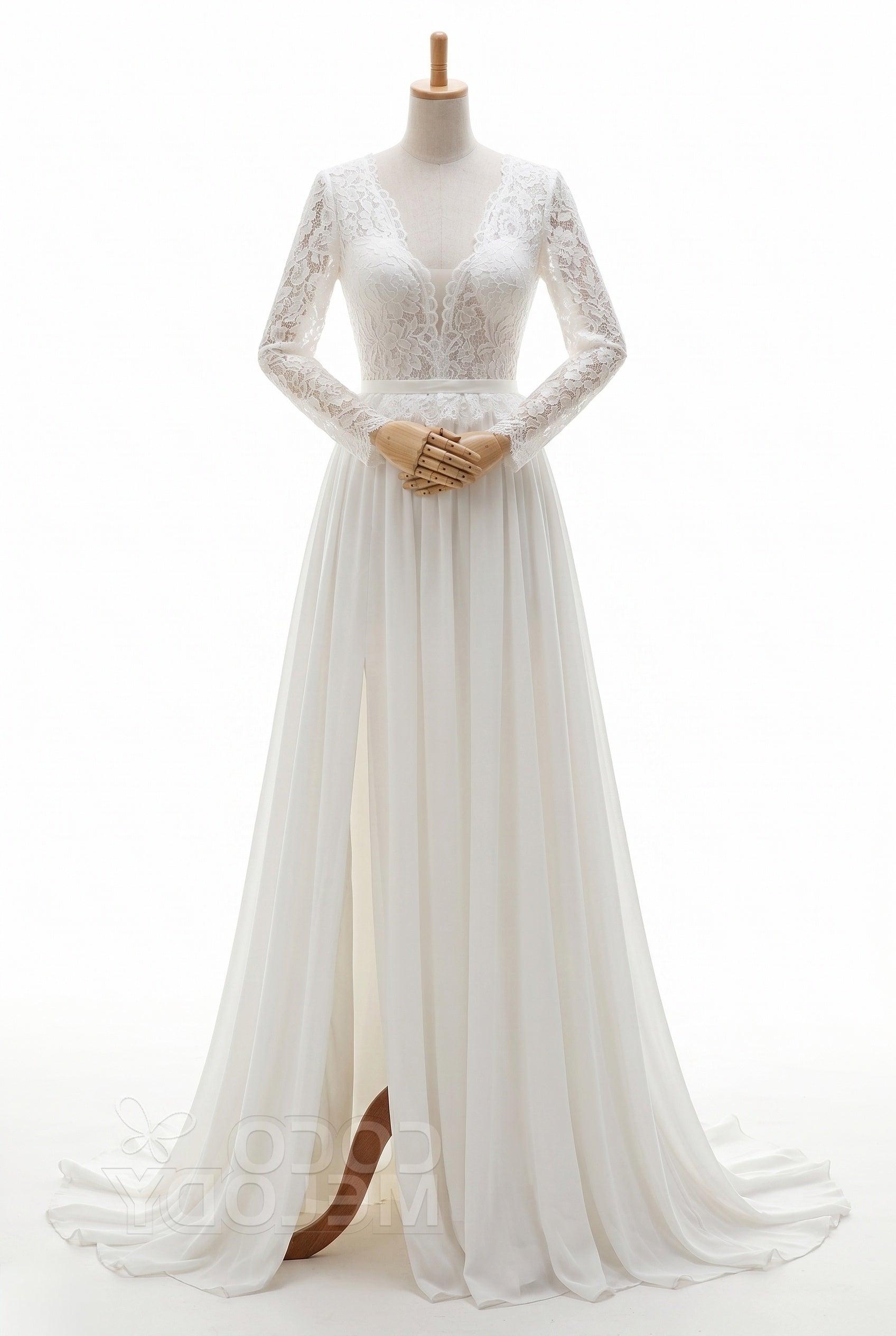 A-Line Court Train Lace Chiffon Wedding Dress CW3519