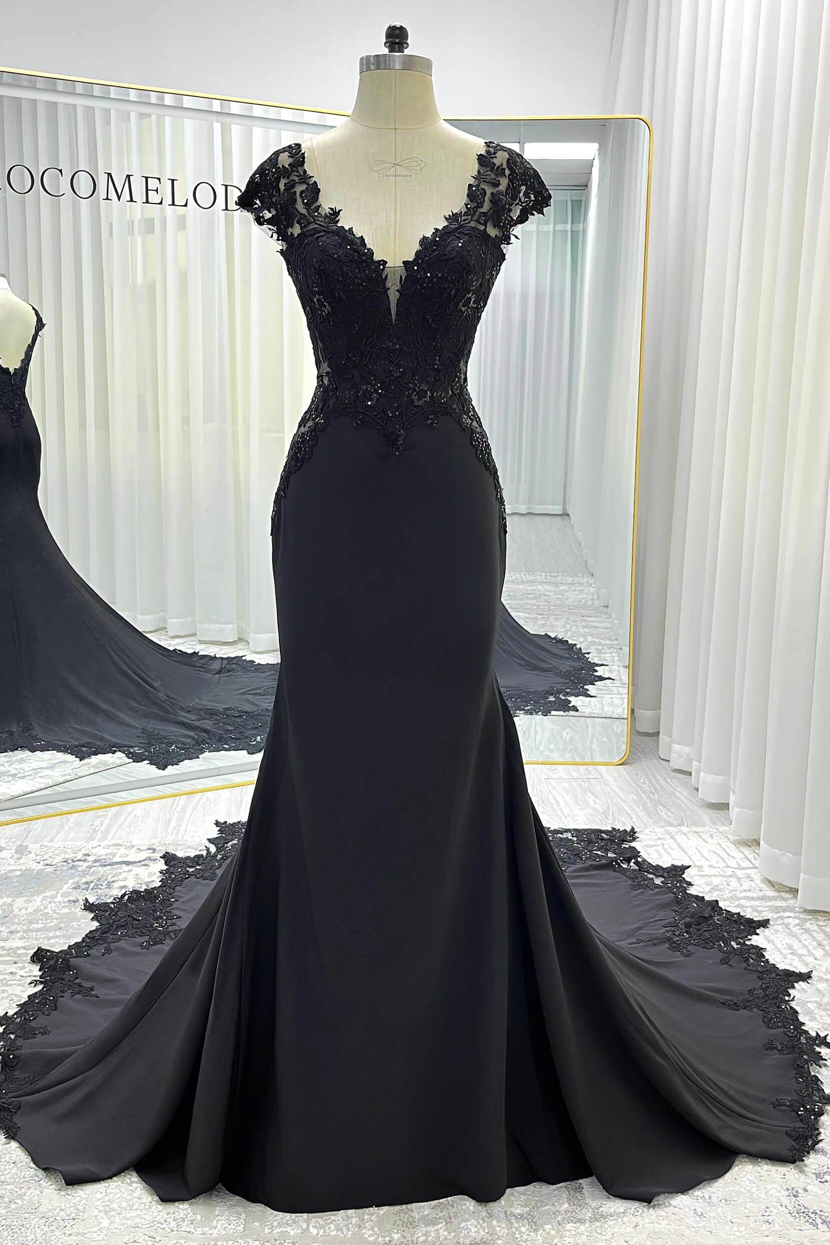 Trumpet-Mermaid Chapel Train Stretch Satin Lace Wedding Dress CW3530