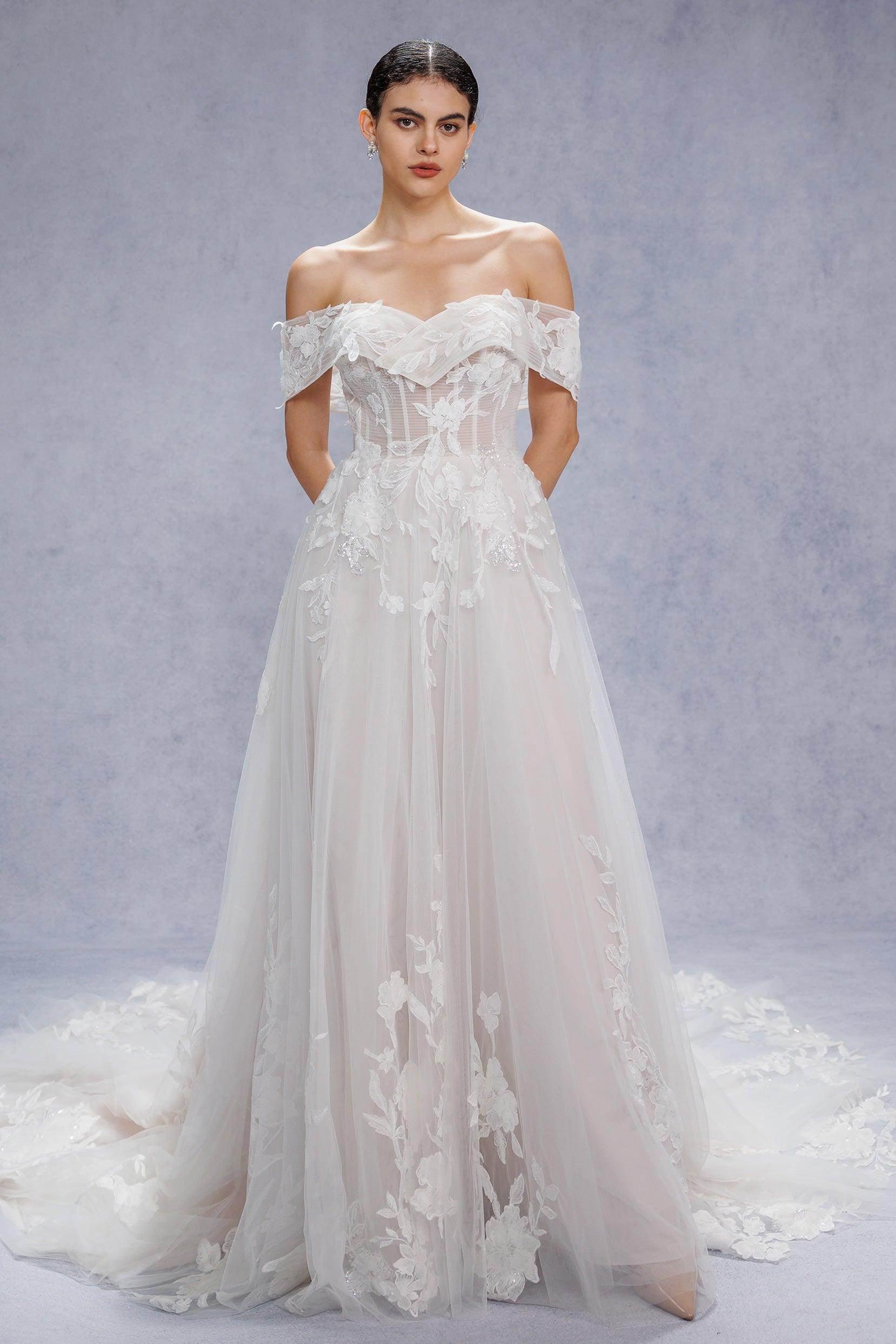 A-Line Court Train Lace Tulle Wedding Dress CW3539