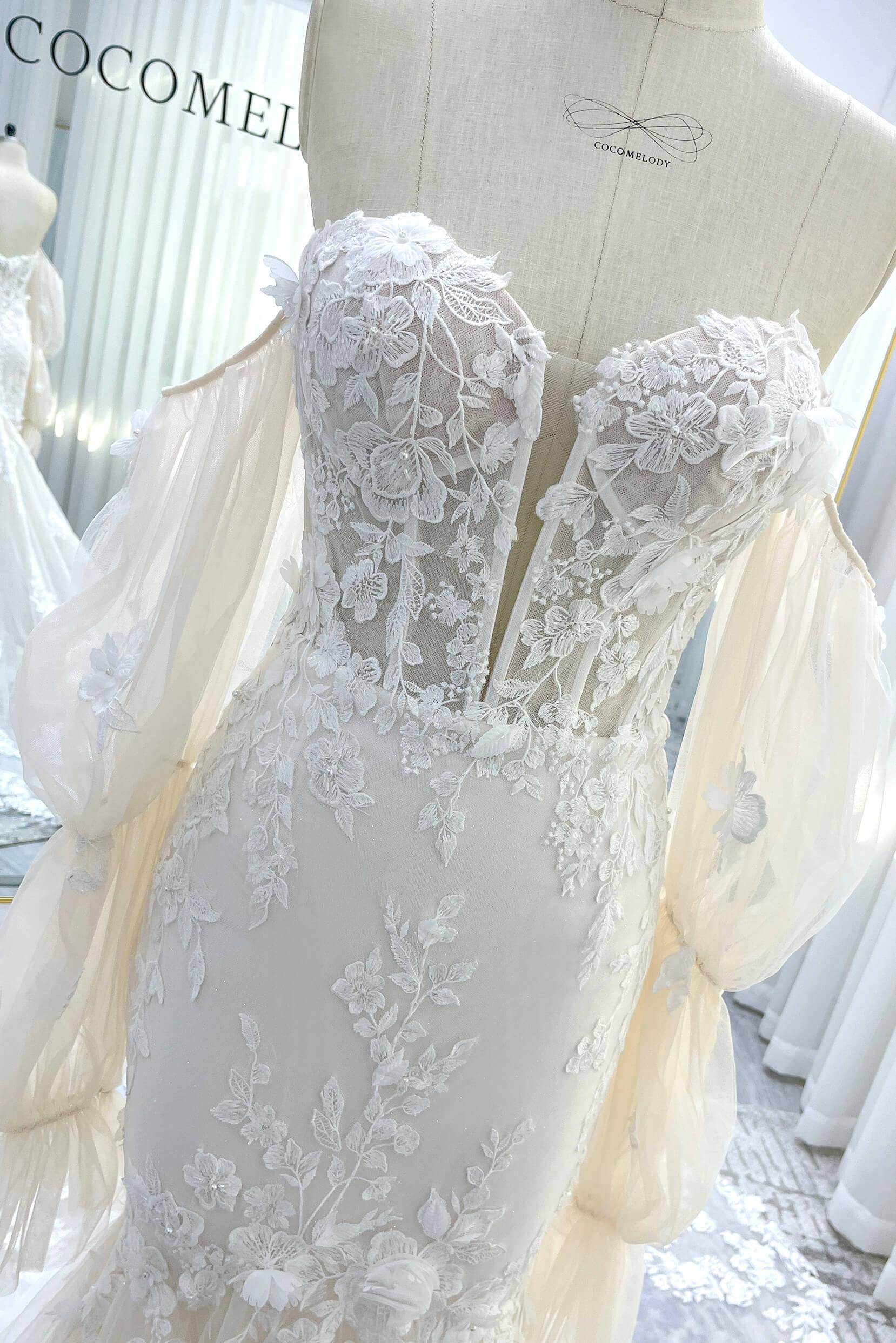 Trumpet-Mermaid Chapel Train Lace Tulle Wedding Dress CW3541