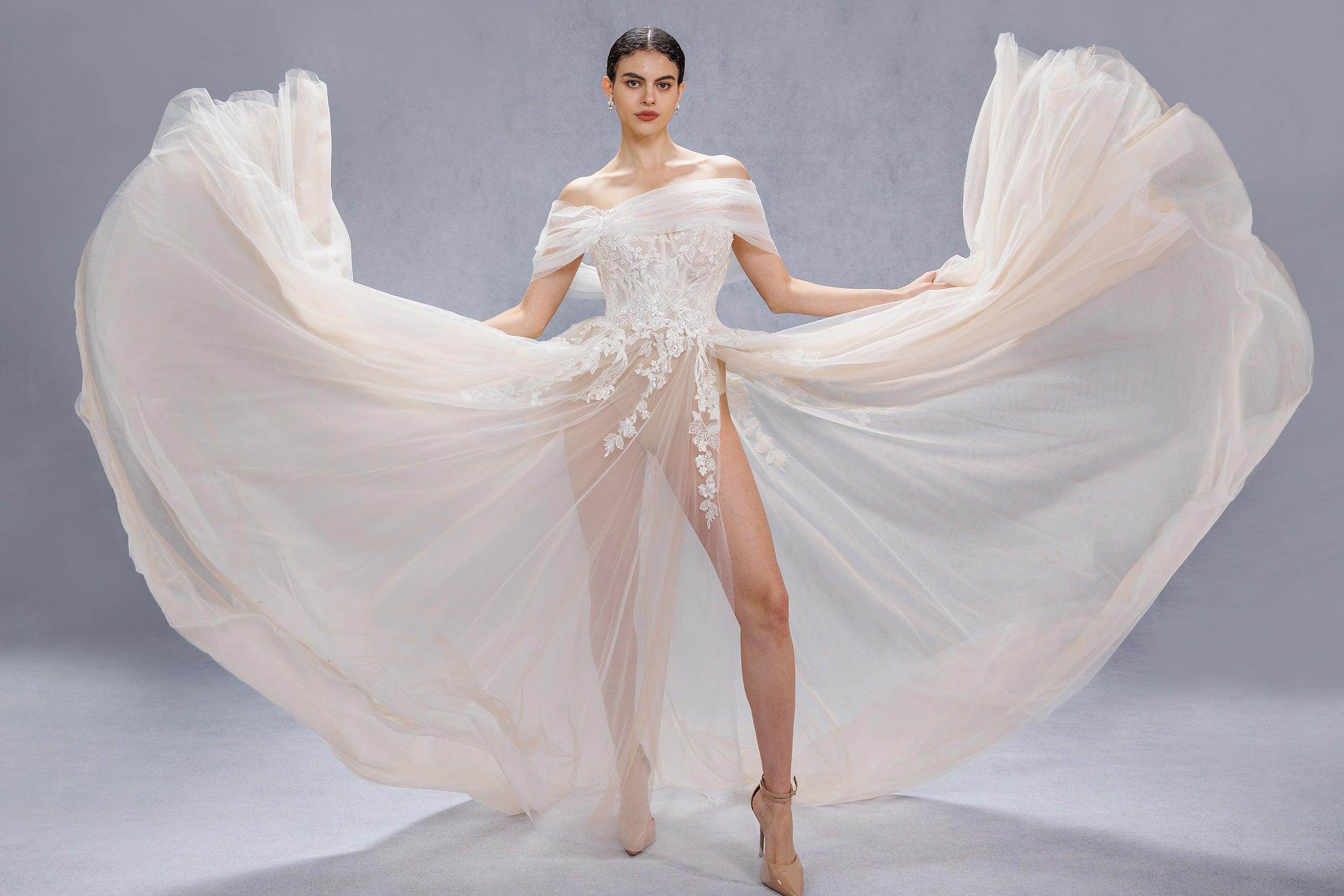 A-Line Court Train Lace Tulle Wedding Dress CW3542