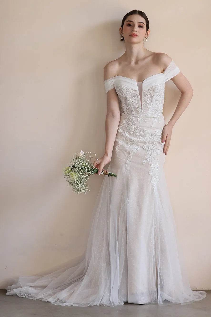 Trumpet-Mermaid Sweep-Brush Train Lace Tulle Wedding Dress CW3545