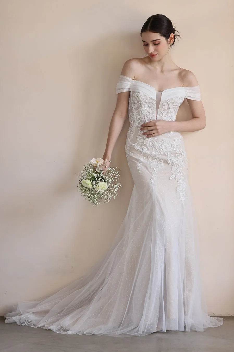 Trumpet-Mermaid Sweep-Brush Train Lace Tulle Wedding Dress CW3545