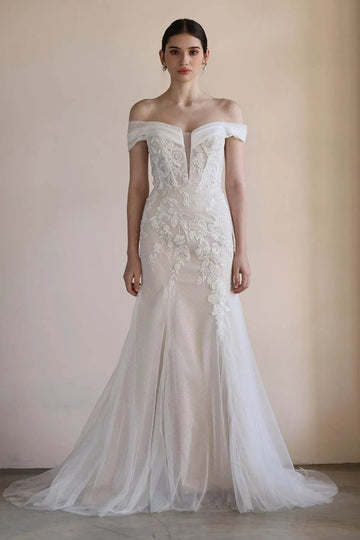 Trumpet-Mermaid Sweep-Brush Train Lace Tulle Wedding Dress CW3545