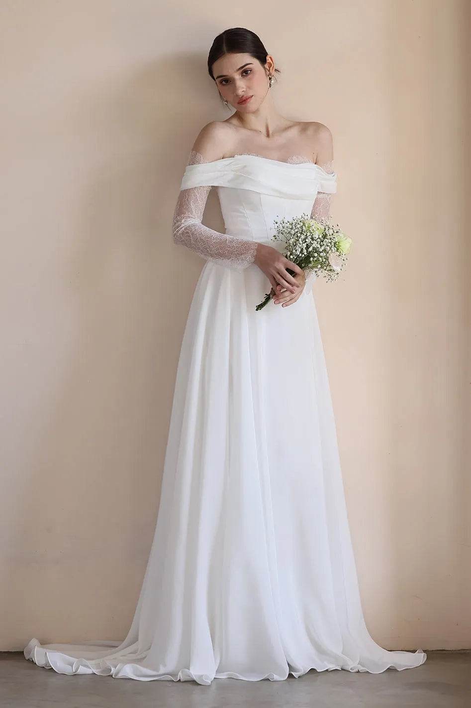 A-Line Sweep-Brush Train Lace Chiffon Wedding Dress CW3546