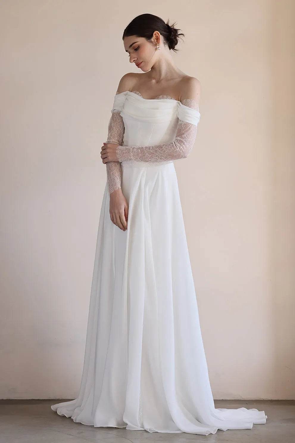 A-Line Sweep-Brush Train Lace Chiffon Wedding Dress CW3546