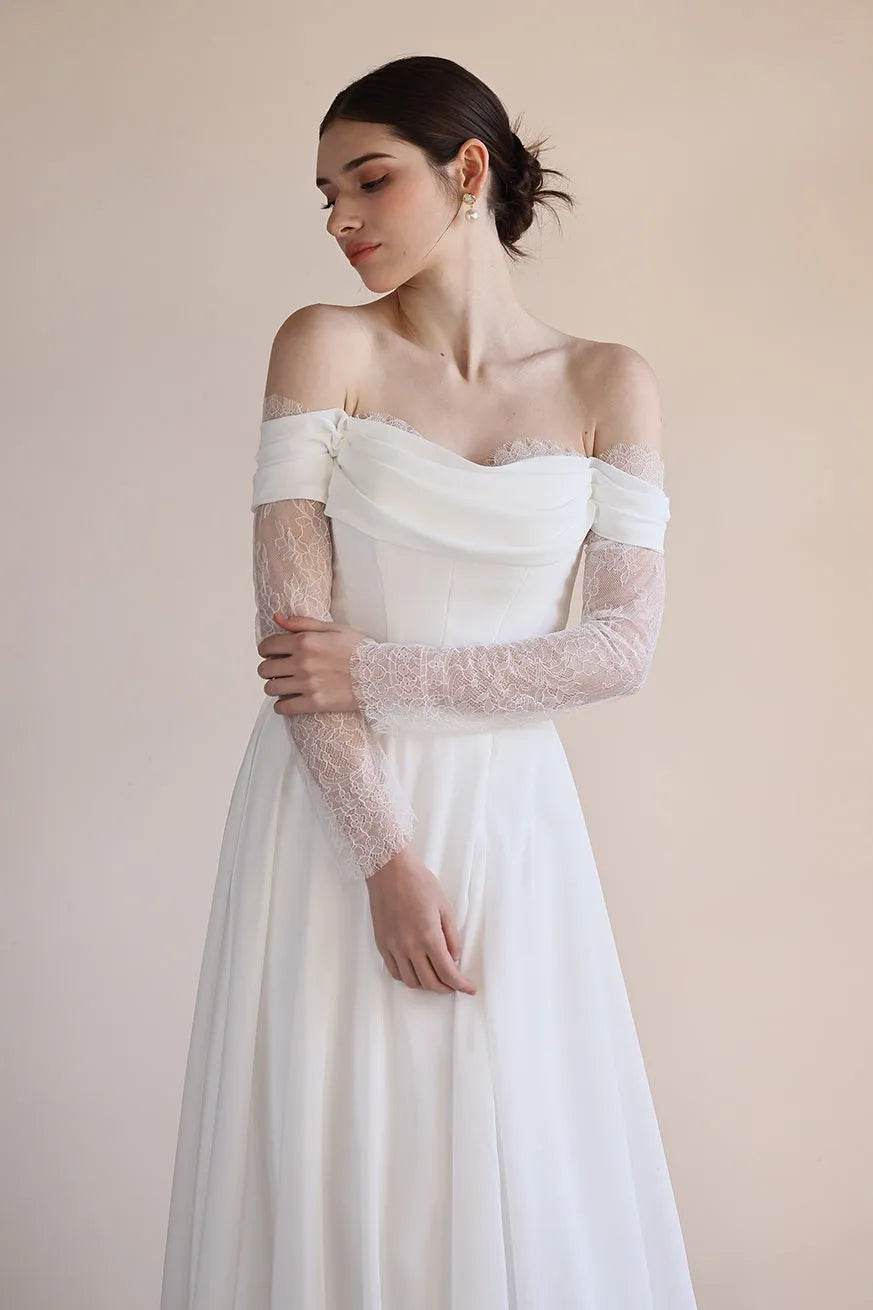 A-Line Sweep-Brush Train Lace Chiffon Wedding Dress CW3546
