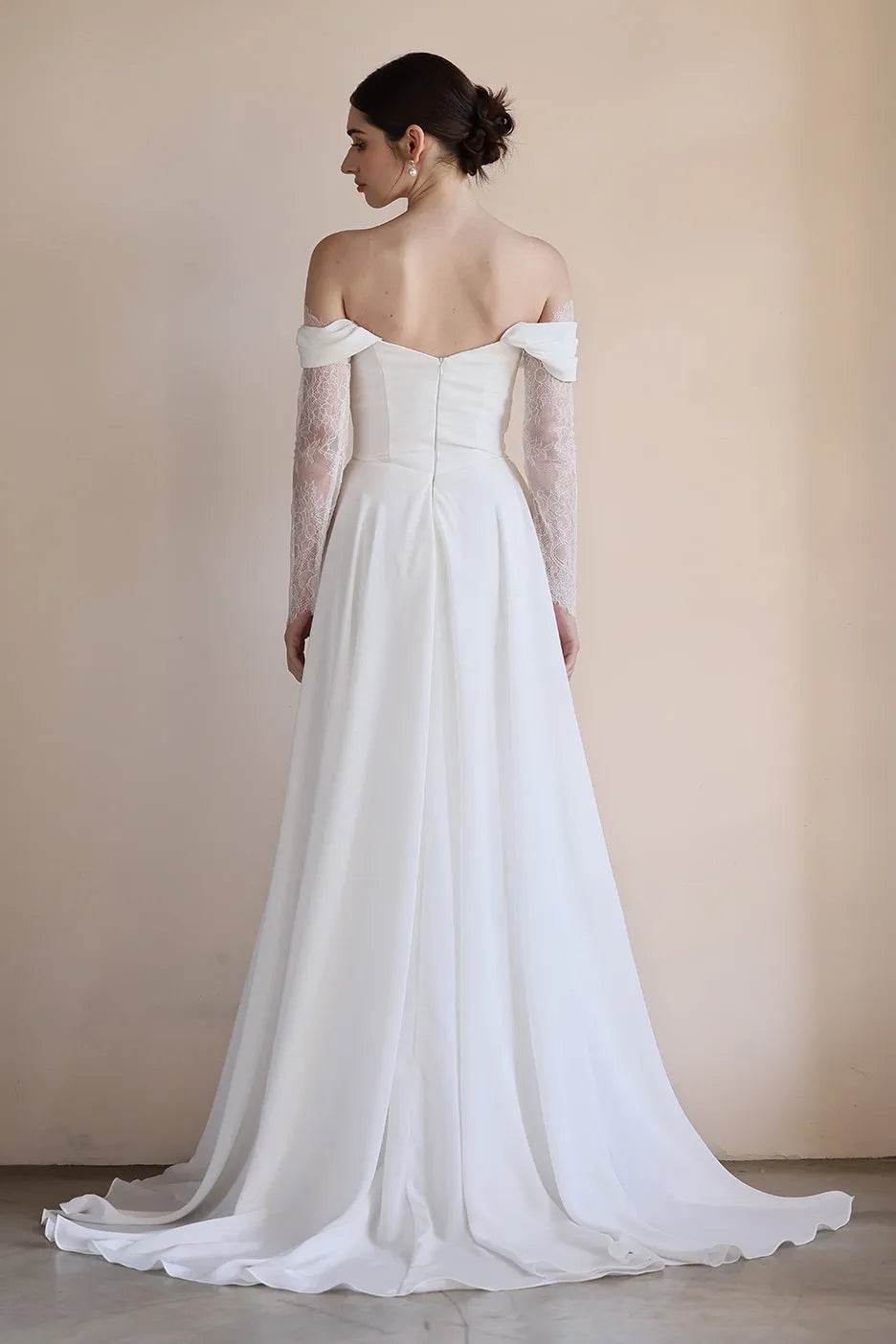 A-Line Sweep-Brush Train Lace Chiffon Wedding Dress CW3546