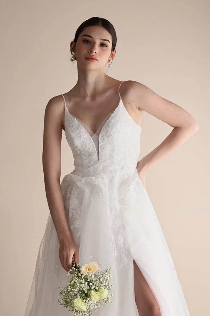 A-Line Sweep-Brush Train Lace Tulle Wedding Dress CW3547