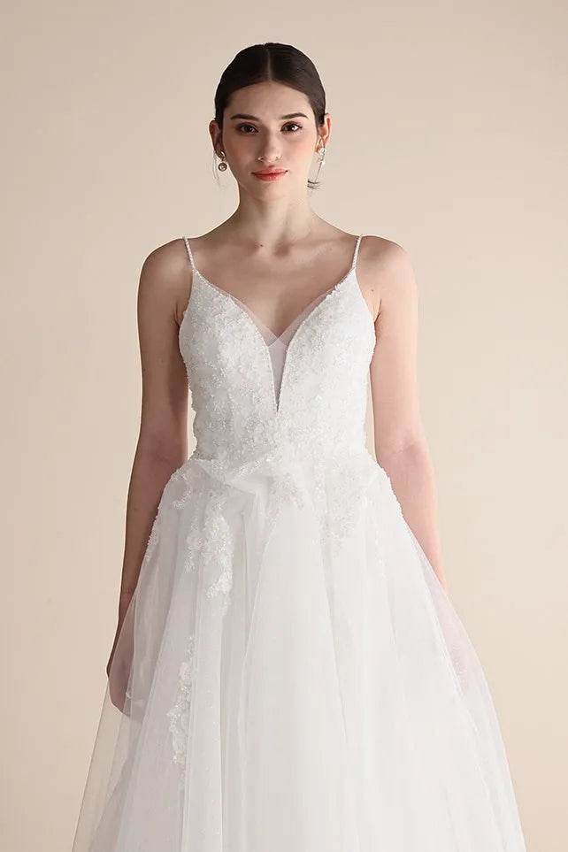 A-Line Sweep-Brush Train Lace Tulle Wedding Dress CW3547