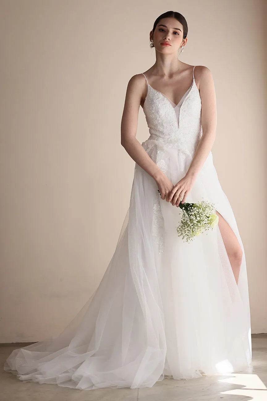 A-Line Sweep-Brush Train Lace Tulle Wedding Dress CW3547