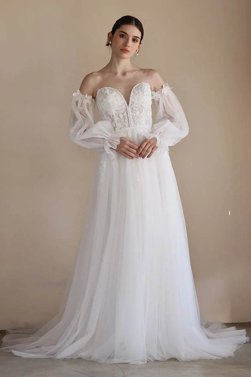 A-Line Sweep-Brush Train Lace Tulle Wedding Dress CW3548