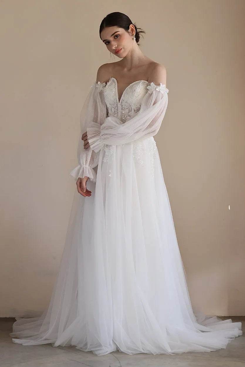 A-Line Sweep-Brush Train Lace Tulle Wedding Dress CW3548