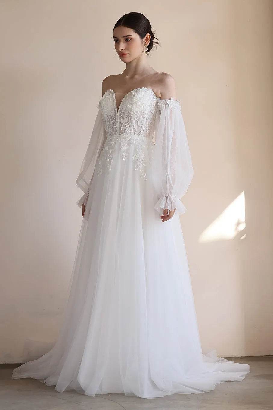 A-Line Sweep-Brush Train Lace Tulle Wedding Dress CW3548