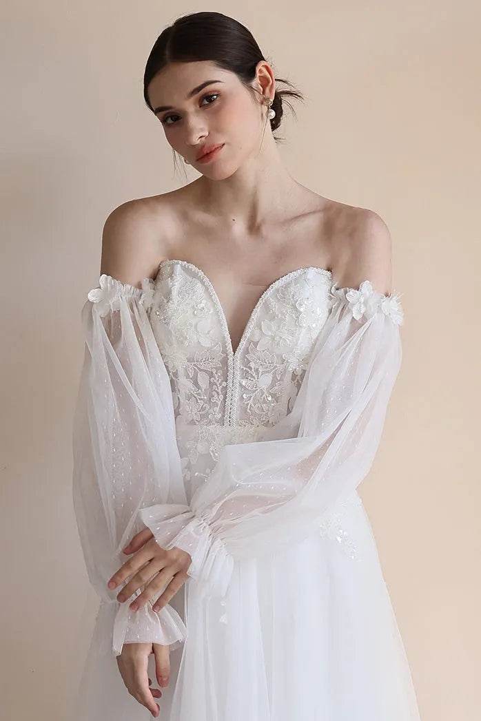 A-Line Sweep-Brush Train Lace Tulle Wedding Dress CW3548
