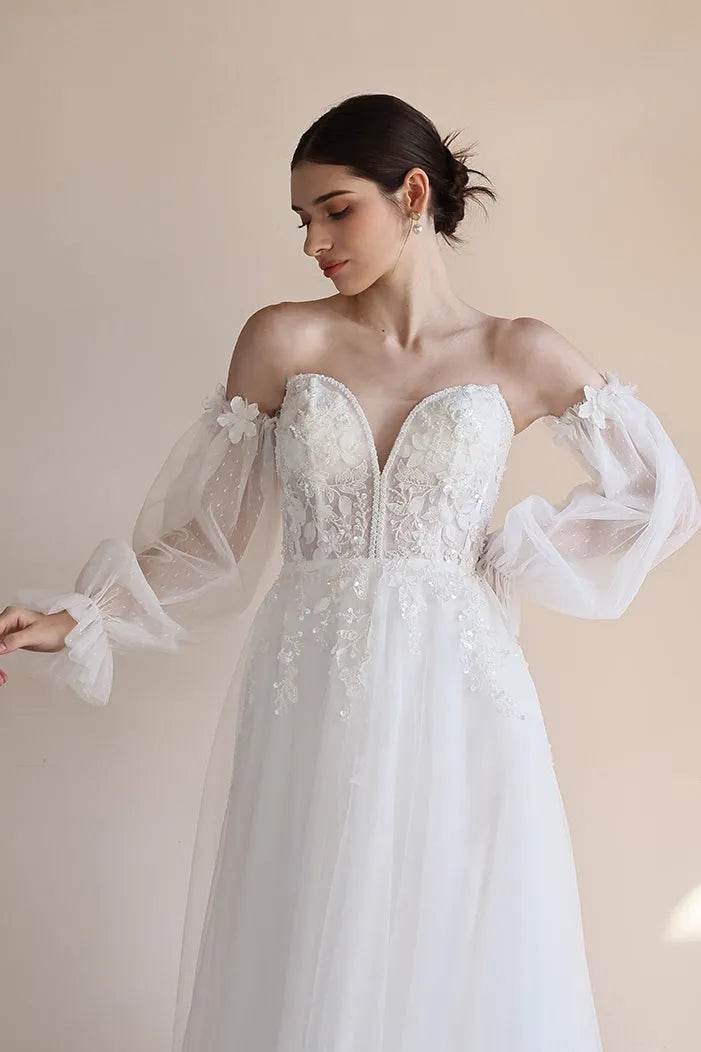 A-Line Sweep-Brush Train Lace Tulle Wedding Dress CW3548