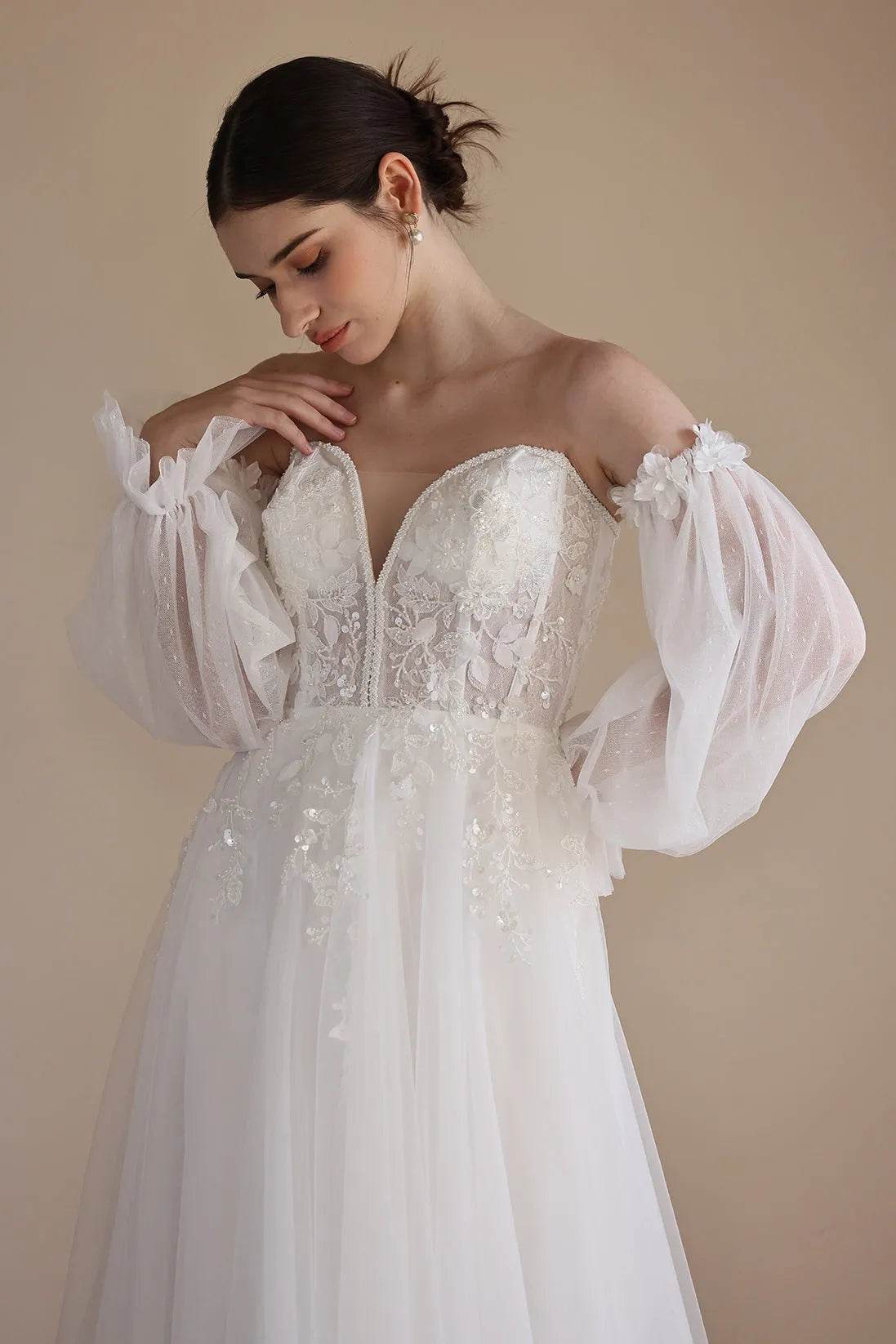 A-Line Sweep-Brush Train Lace Tulle Wedding Dress CW3548