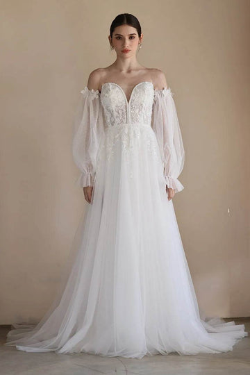 A-Line Sweep-Brush Train Lace Tulle Wedding Dress CW3548
