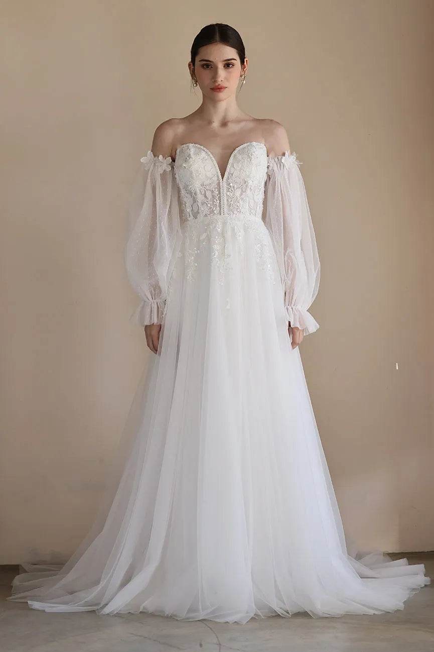 A-Line Sweep-Brush Train Lace Tulle Wedding Dress CW3548