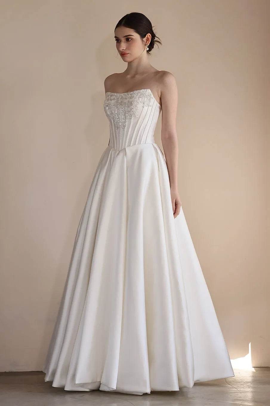 A-Line Floor Length Satin Wedding Dress CW3549