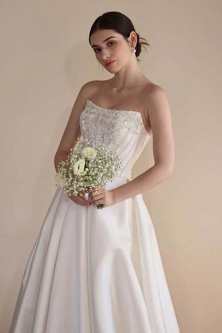 A-Line Floor Length Satin Wedding Dress CW3549