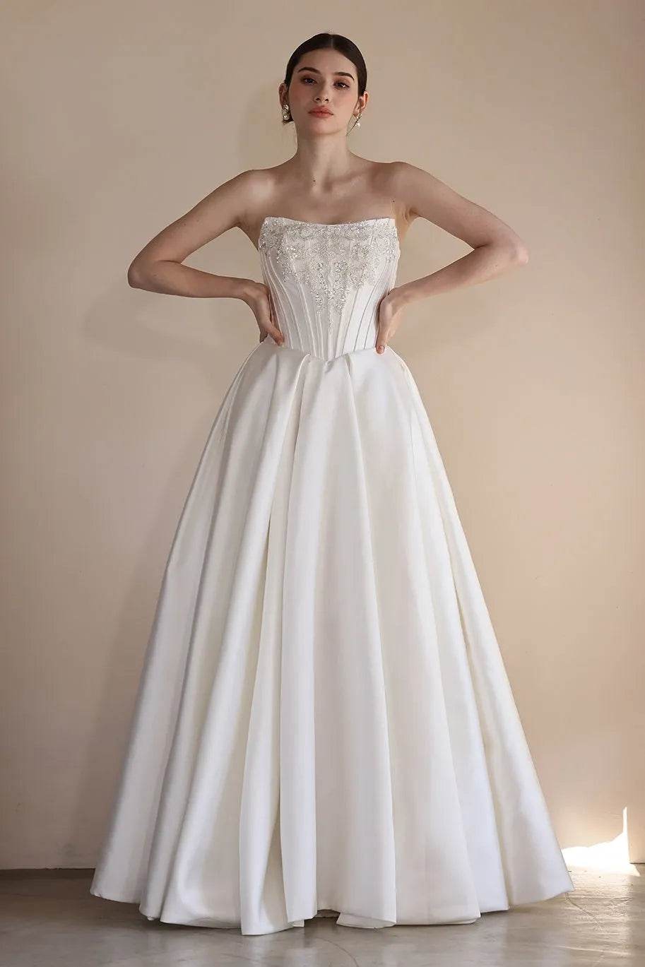 A-Line Floor Length Satin Wedding Dress CW3549