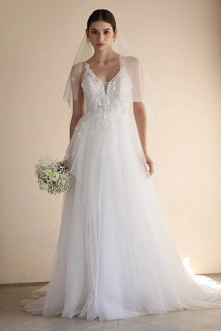 A-Line Sweep-Brush Train Lace Tulle Wedding Dress CW3550