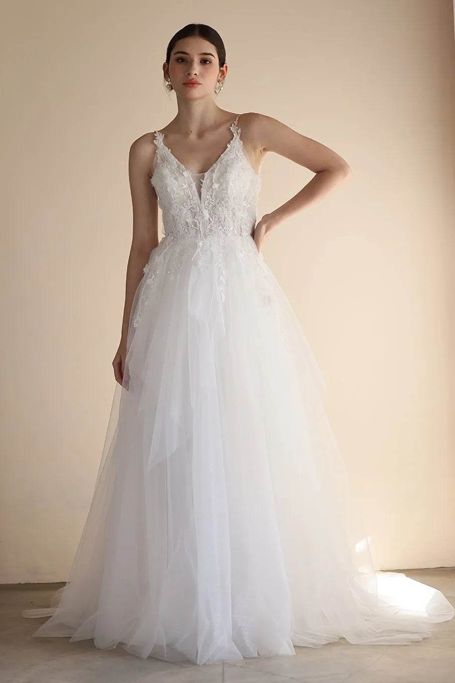 A-Line Sweep-Brush Train Lace Tulle Wedding Dress CW3550