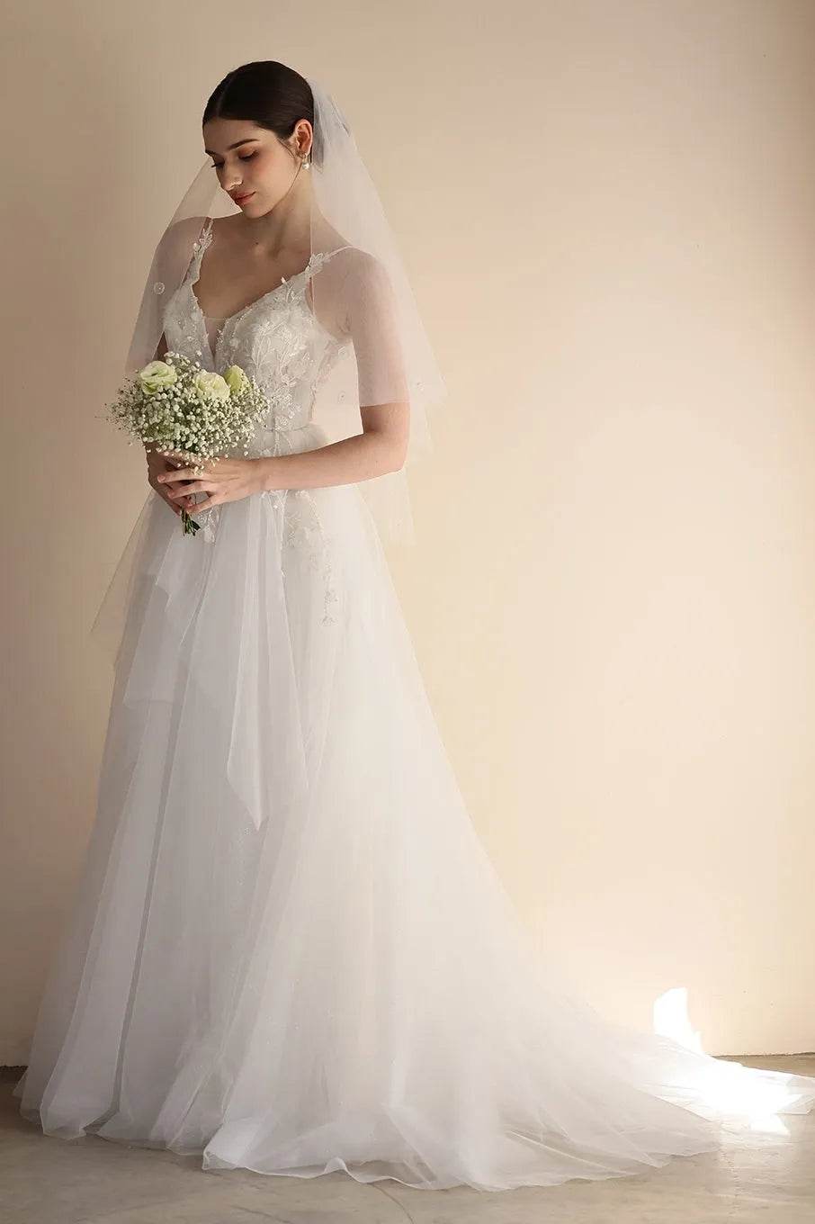 A-Line Sweep-Brush Train Lace Tulle Wedding Dress CW3550