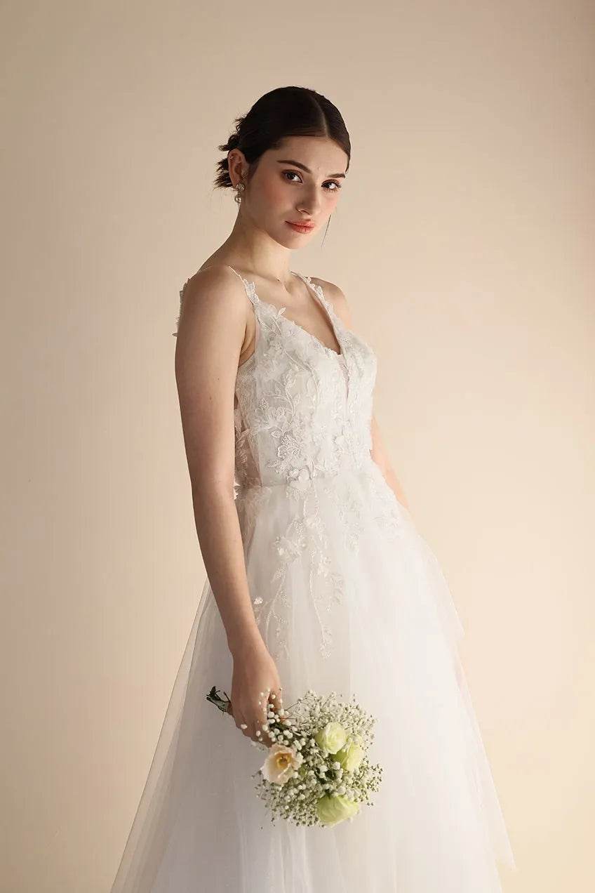 A-Line Sweep-Brush Train Lace Tulle Wedding Dress CW3550