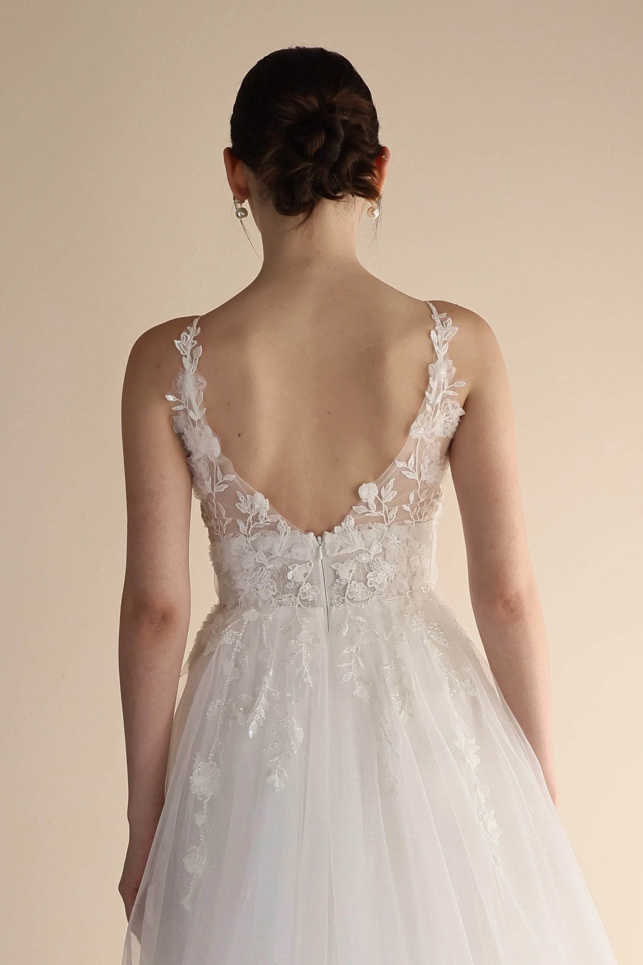 A-Line Sweep-Brush Train Lace Tulle Wedding Dress CW3550