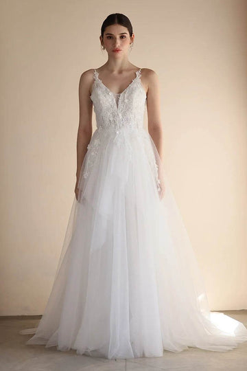A-Line Sweep-Brush Train Lace Tulle Wedding Dress CW3550