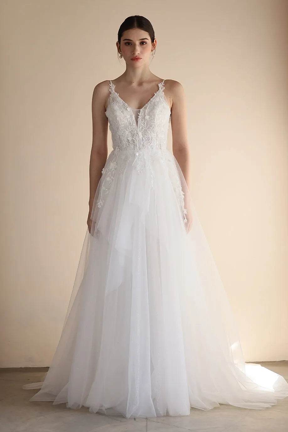 A-Line Sweep-Brush Train Lace Tulle Wedding Dress CW3550